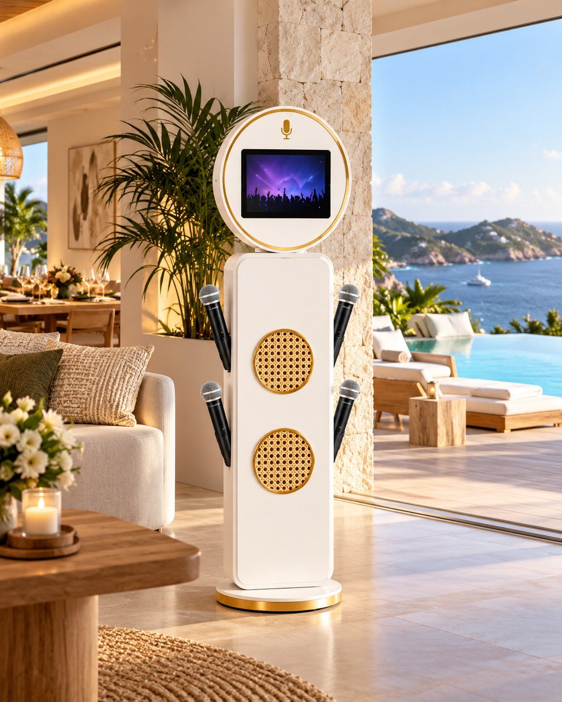 Karaoke booth dans le salon d'une villa avec vue mer